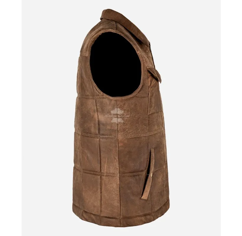 Vintage Explorer Leather Vest Men's Brown Buff Paaded Bodywarmer Waistcoat