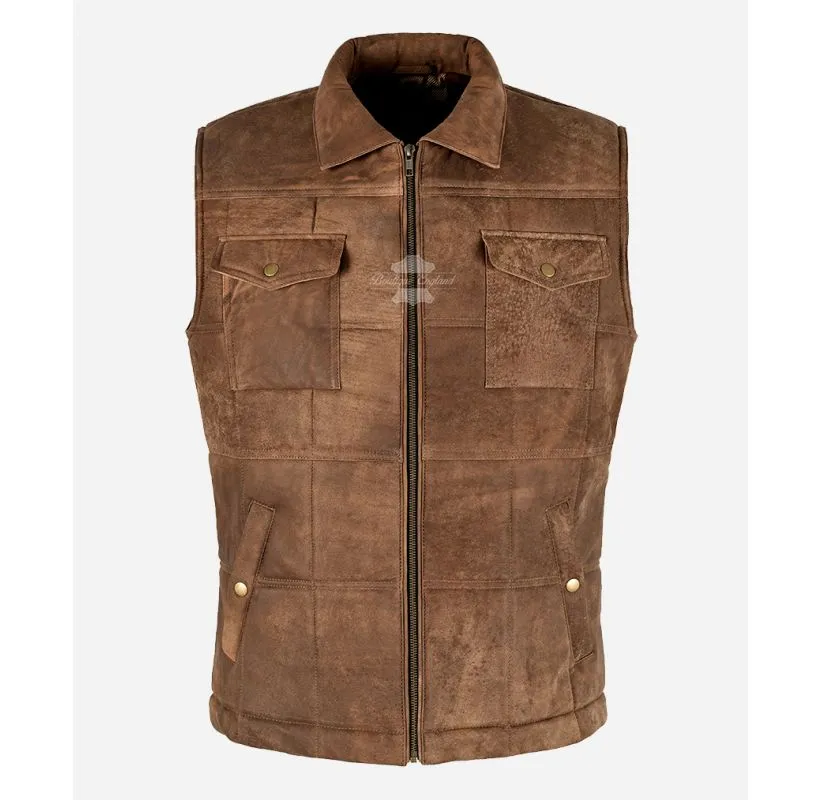 Vintage Explorer Leather Vest Men's Brown Buff Paaded Bodywarmer Waistcoat