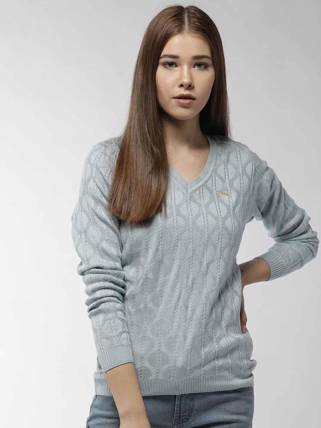 Women Self Design Blue Pullover