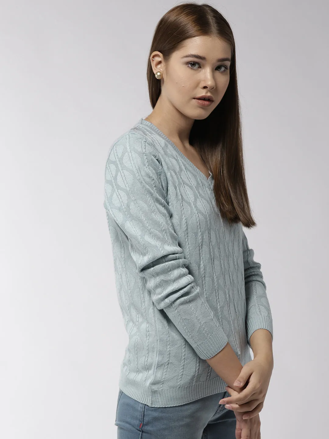 Women Self Design Blue Pullover