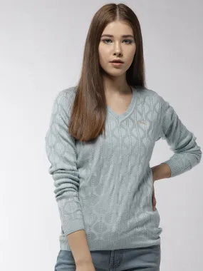 Women Self Design Blue Pullover