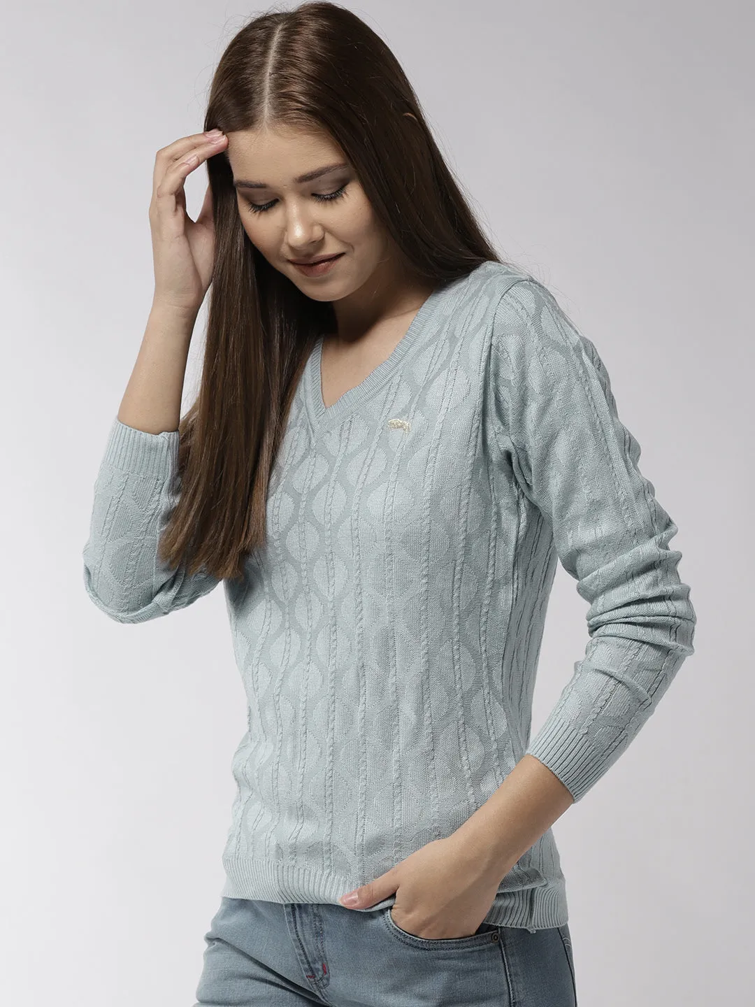 Women Self Design Blue Pullover
