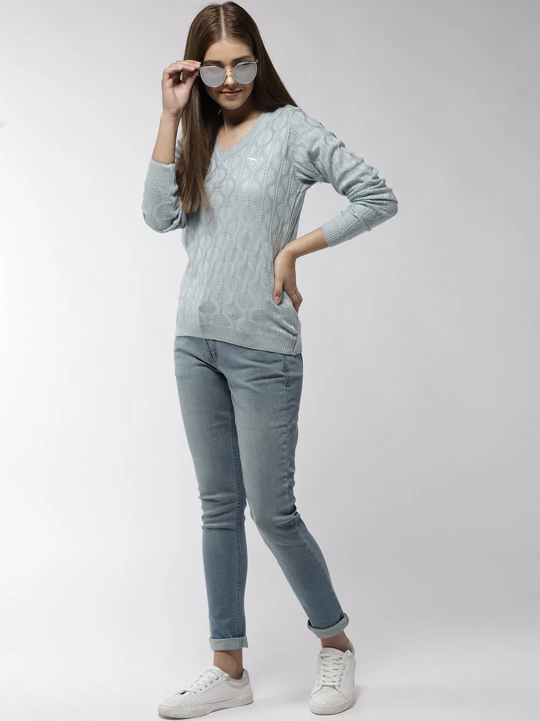 Women Self Design Blue Pullover