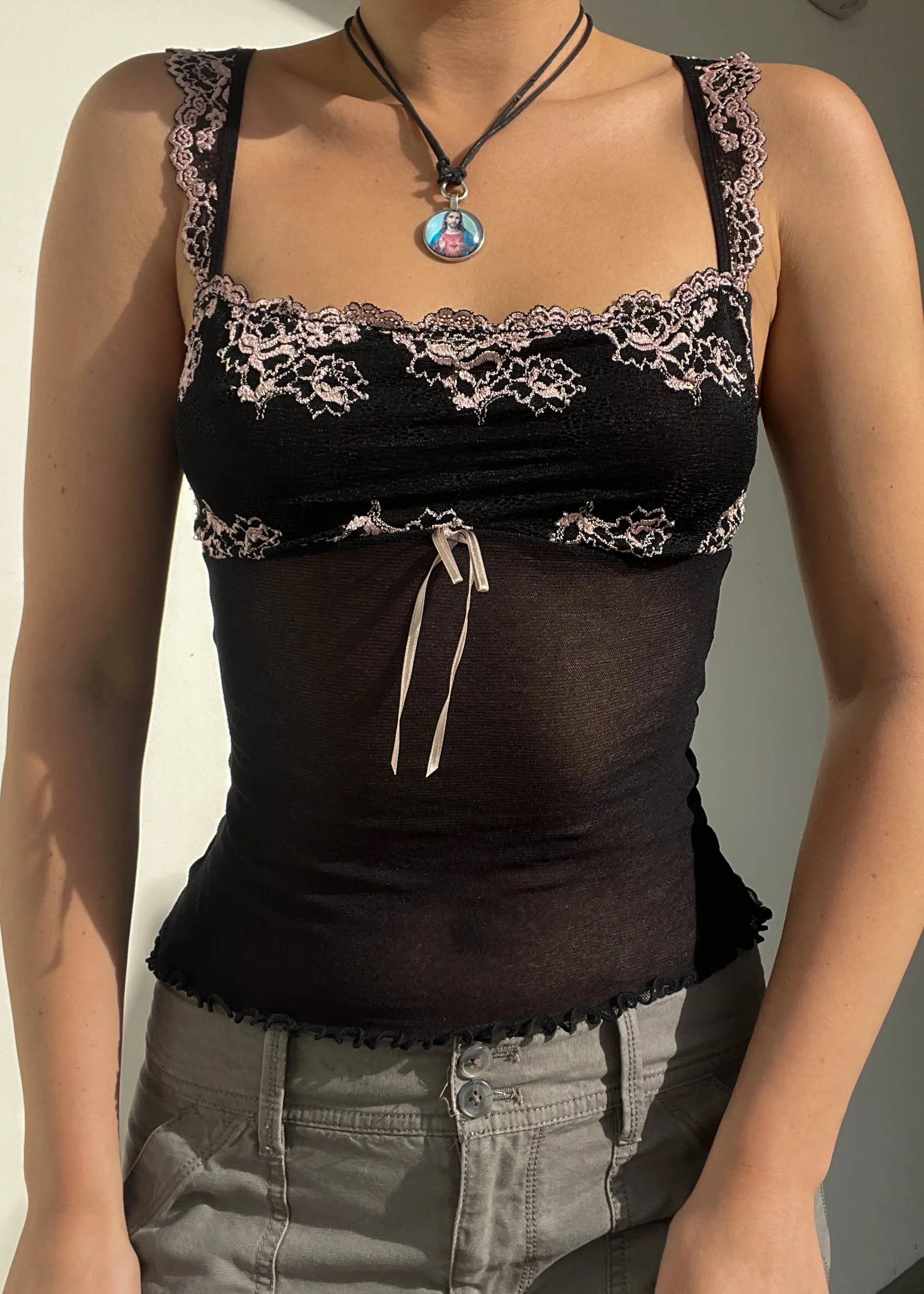 Y2k Black & Baby Pink Mesh Cami (S)